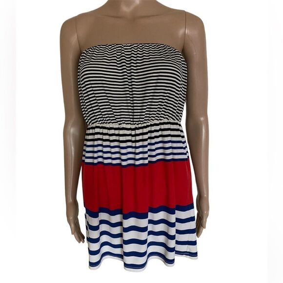 Outback Red Size L Multicolor Red White Blue Stripe Strapless Babydoll Dress Top - Picture 1 of 9